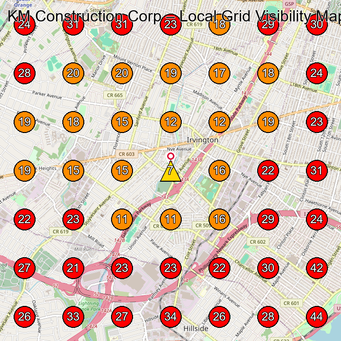 KM Construction Corp GeoGrid visibility map for Construction Company in Irvington